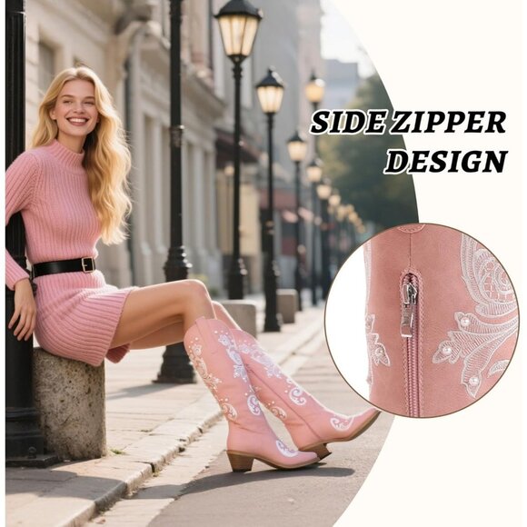 Women's Pink  Knee High Embroidered Cowgirl Boots with Bow Chunky Heel Boot - Picture 3 of 6